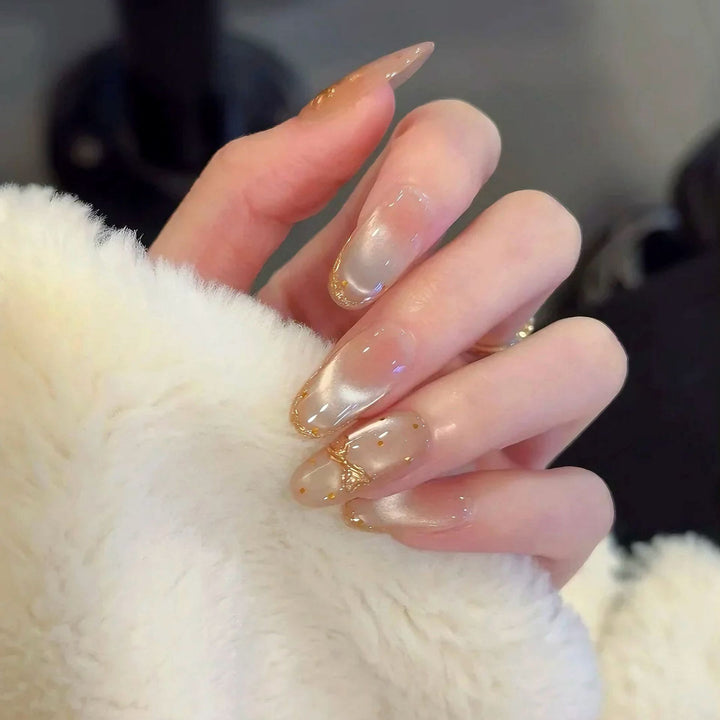 Elegant Press-On Nail Set with Gold Bow Accents