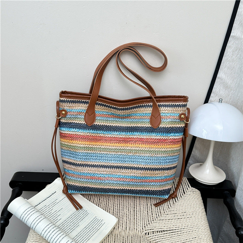 Striped Woven Tote Bag
