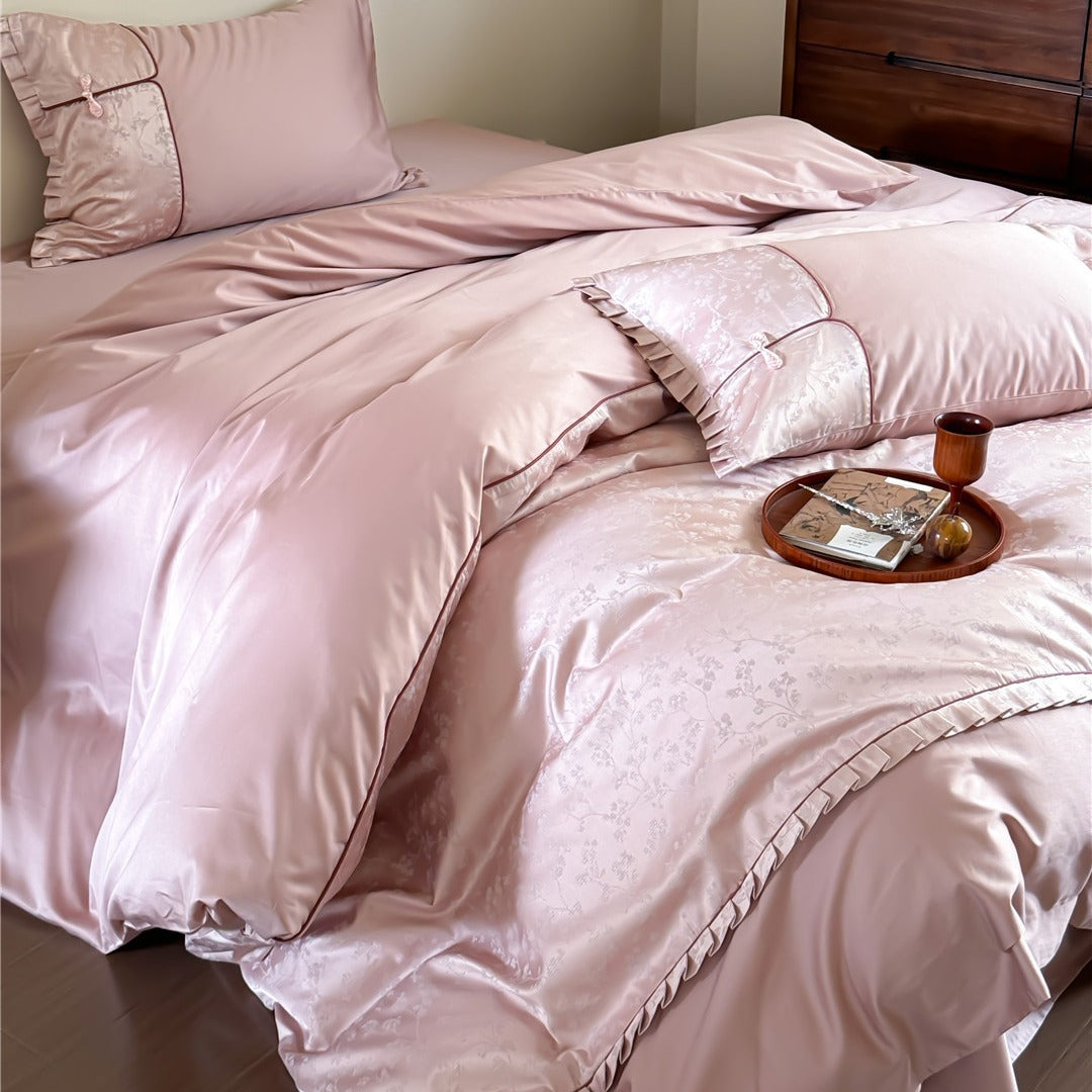 Silk-Blend Floral Jacquard Duvet Cover Set with Ruffle Trim