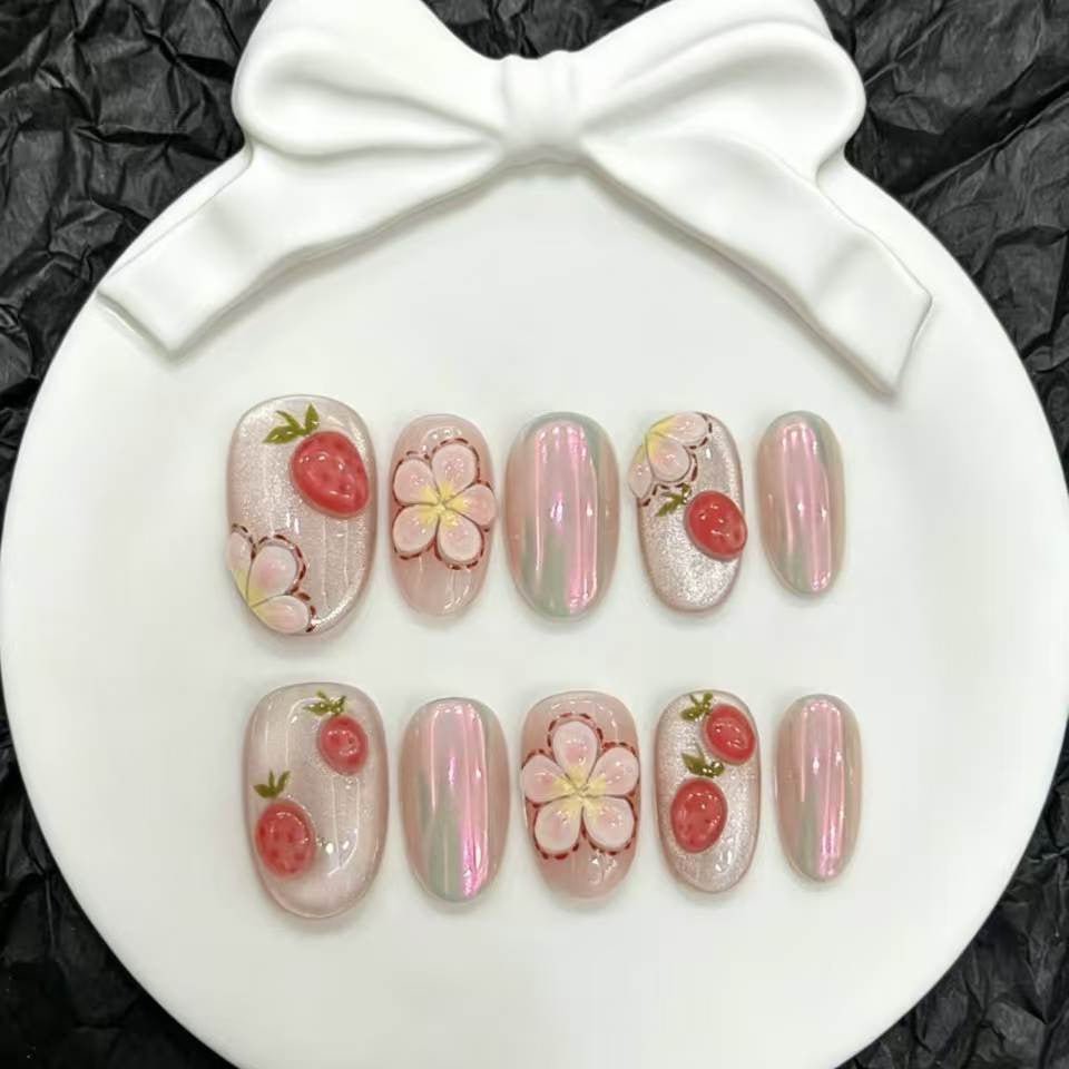 Artistic Press-On Nail Set with Floral and Berry Design