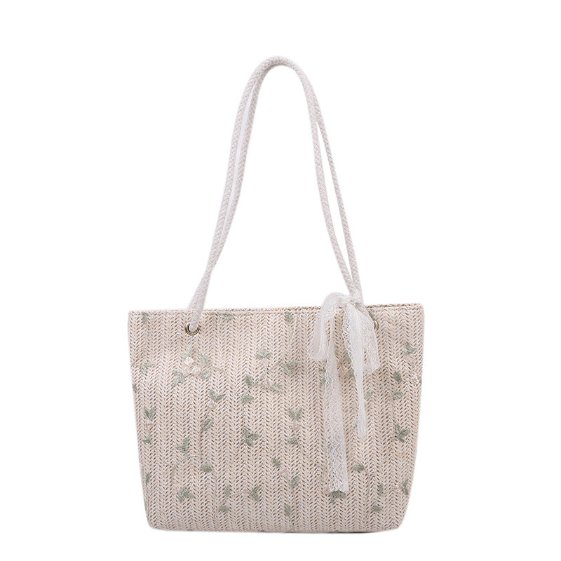 Woven Straw Beach Tote Bag with Decorative Ribbon