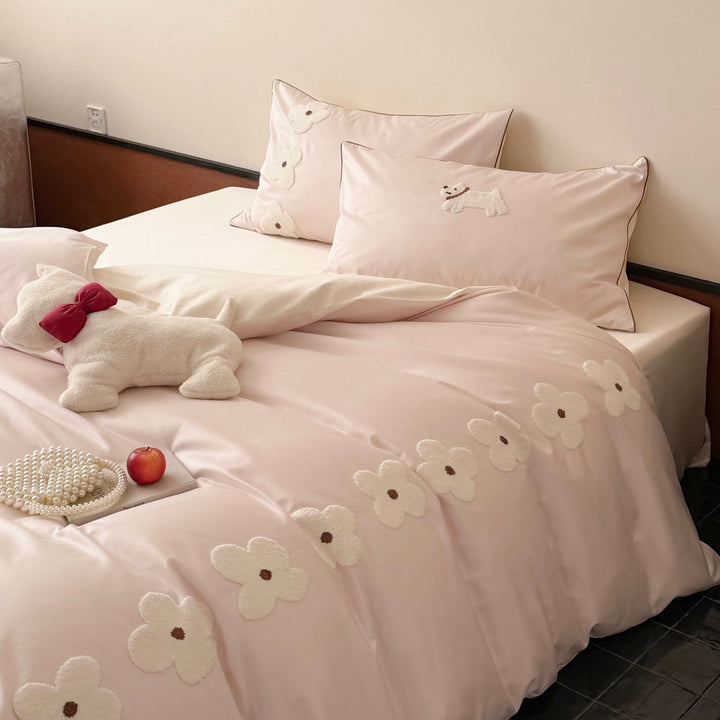Floral Appliqué Satin Bedding Set with Tufted Flower Pillowcases