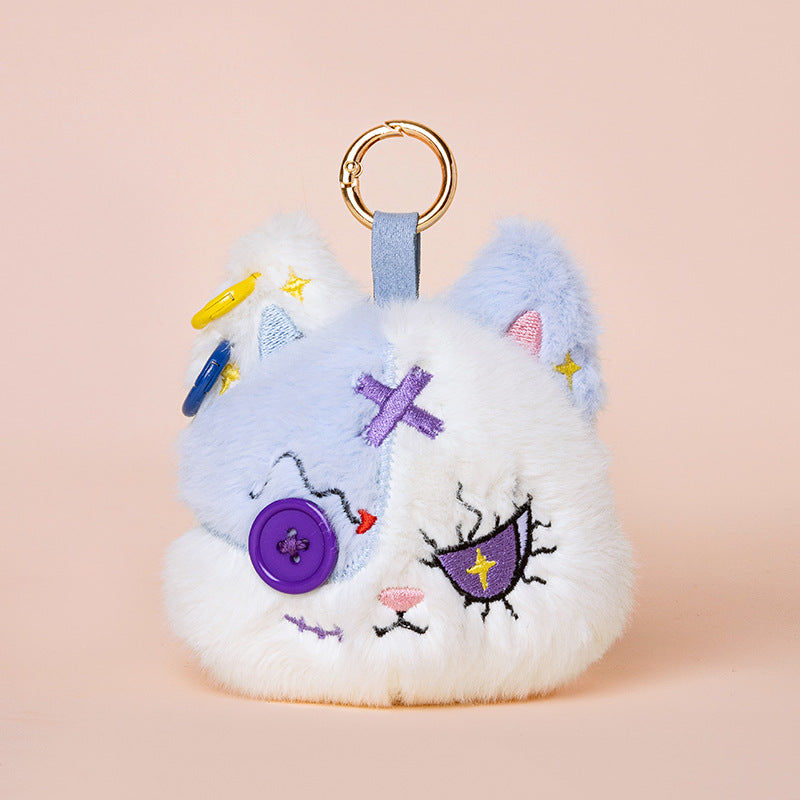 Faux-Fur Bunny Charm Key Fob with Embroidered Patchwork Face and Gold Metal Ring Stornfield