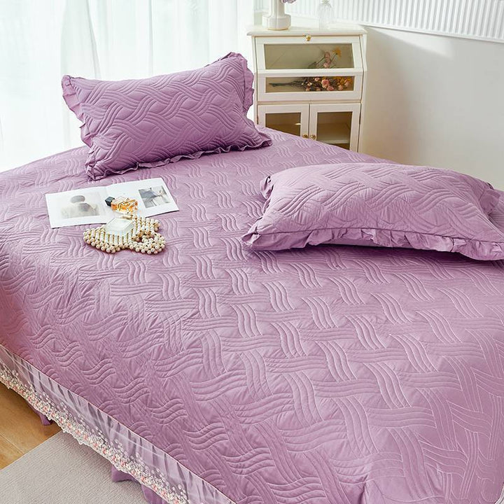 Quilted Ruffled Bedspread Set with Floral Embroidered Skirt and Pillow Shams
