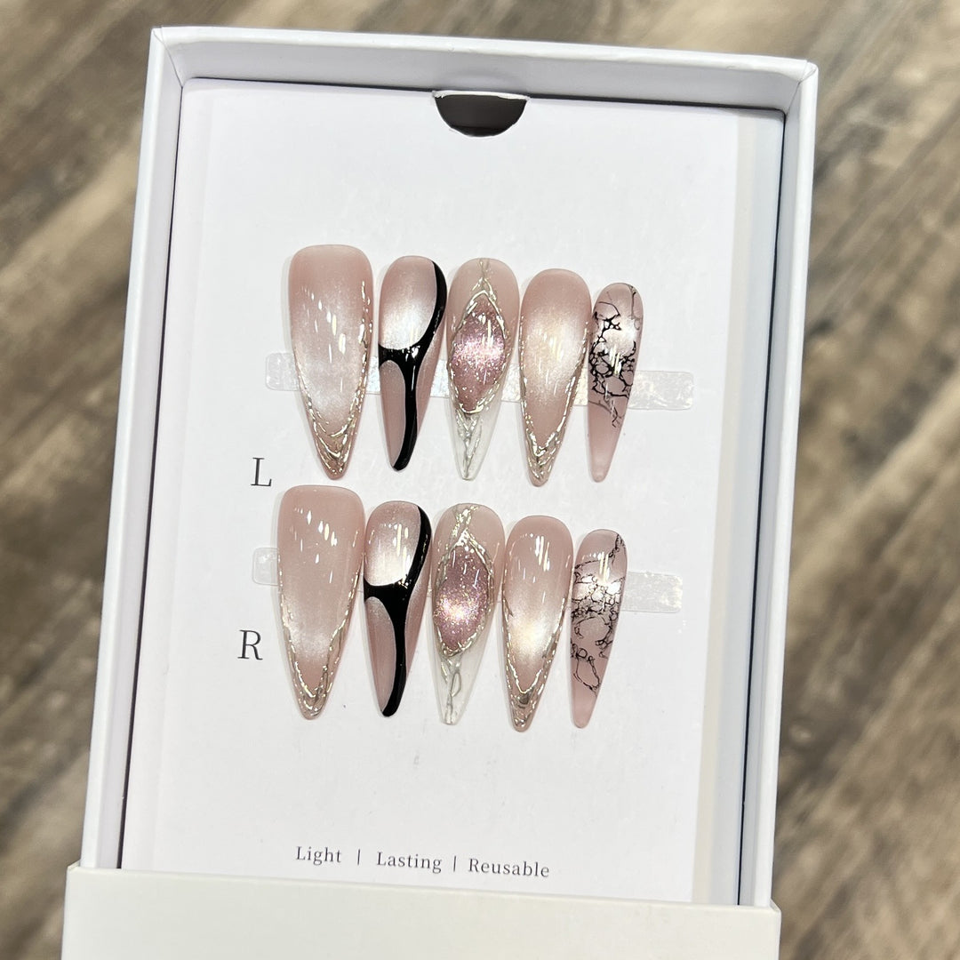 Artistic Stiletto Press-On Nail Set with Unique Marble Design Stornfield