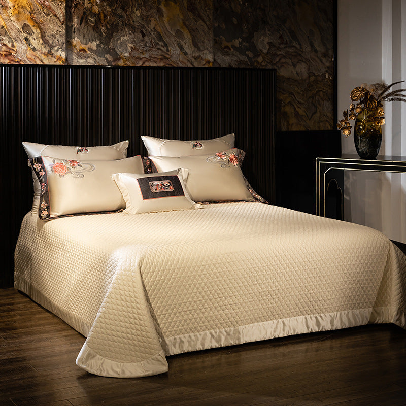 Luxurious Embroidered Satin Duvet Cover Set with Floral Border and Decorative Pillowcases