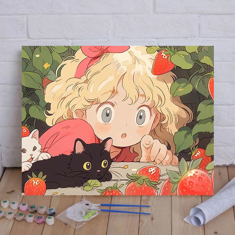 Cartoon Cat and Girl Themed Canvas Paint by Numbers Art Kit Stornfield
