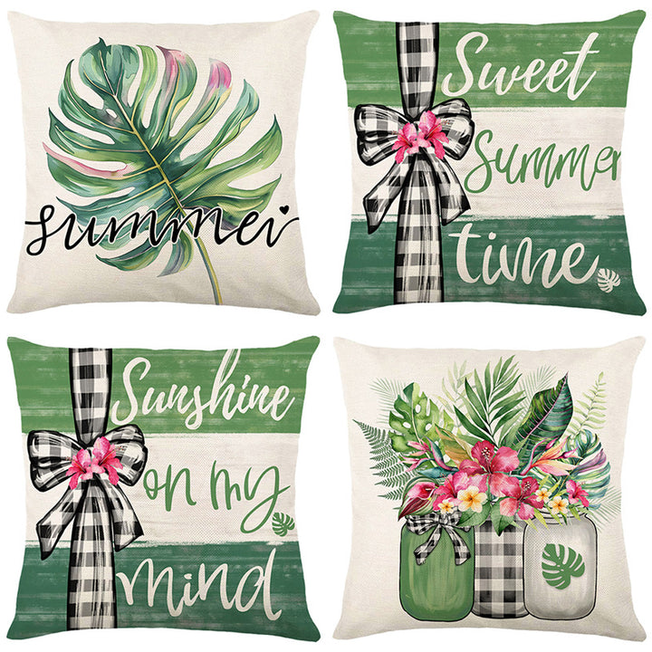 Decorative Square Cotton-Linen Throw Pillow Cover with Script Sweet Summer Time and Buffalo Check Ribbon Print