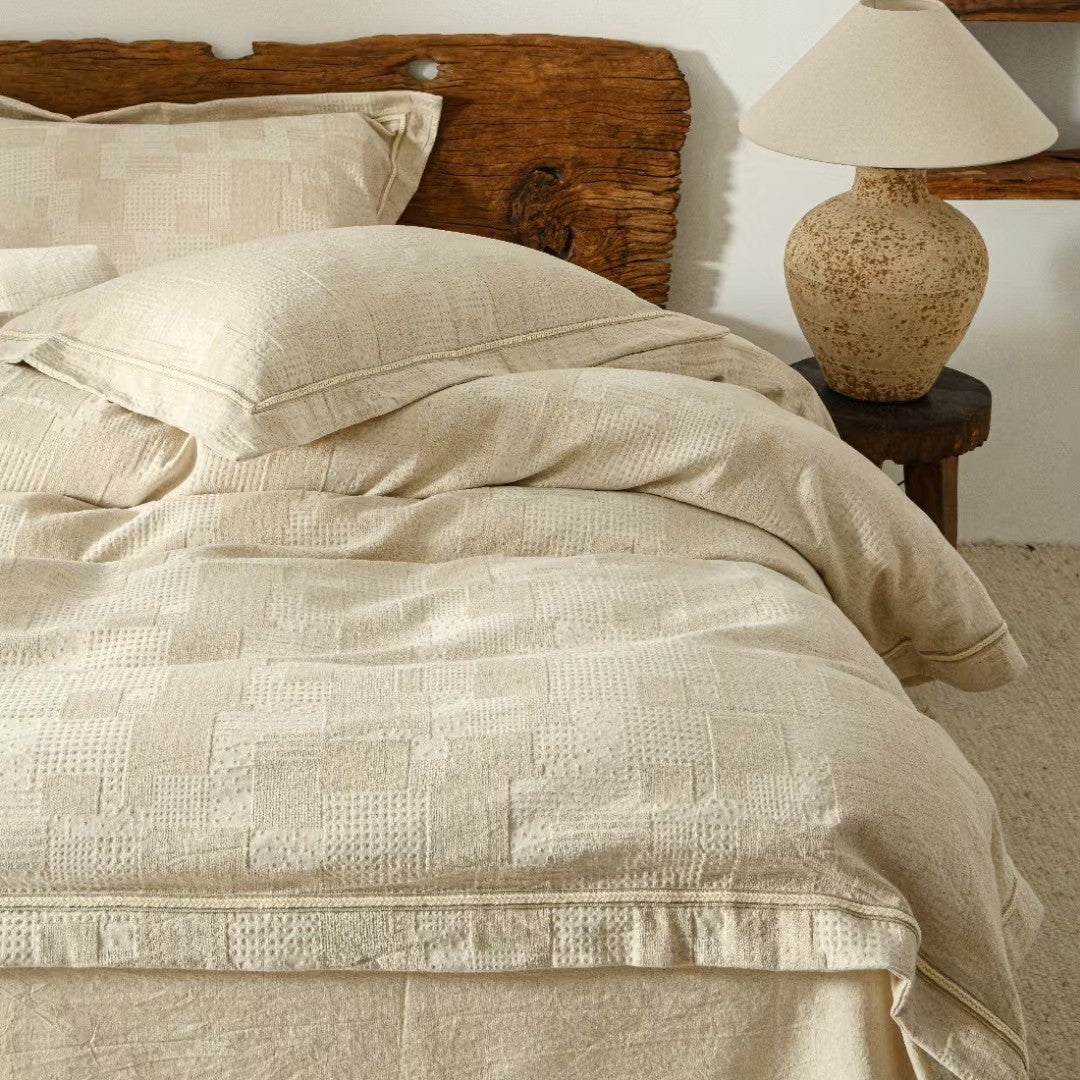 Reversible Linen-Cotton Duvet Cover Set with Woven Geometric Texture