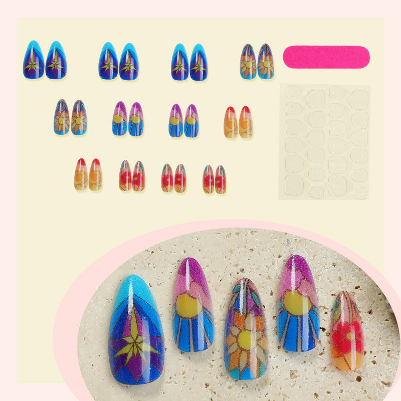 Artistic Press-On Nail Art Set with Floral and Geometric Patterns Stornfield