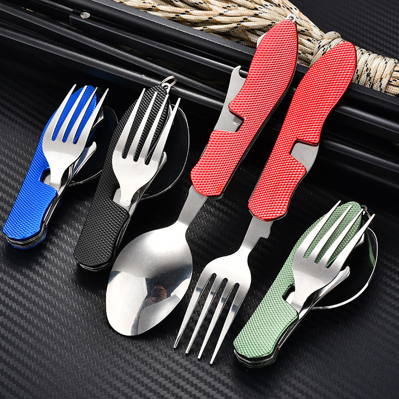 folding stainless steel camping cutlery set with textured grip locking hinge and compact travel clip Stornfield