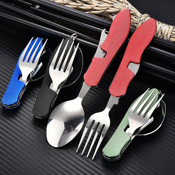 folding stainless steel camping cutlery set with textured grip locking hinge and compact travel clip Stornfield