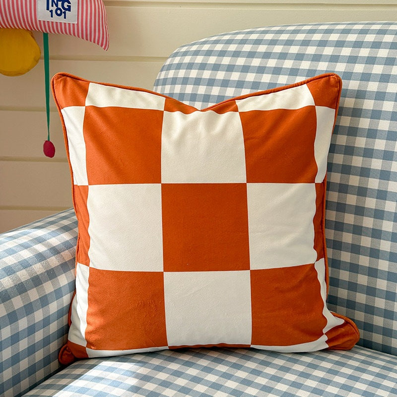 Decorative checkered cushion cover made of velvet velours with piping and concealed zipper