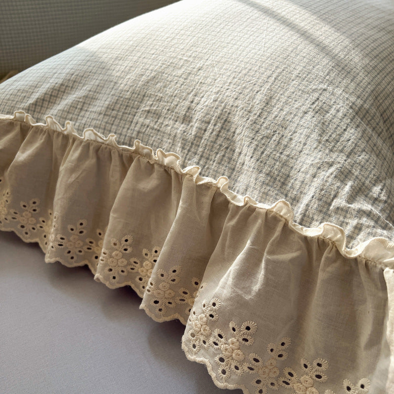 Ruffled Eyelet Lace Trim Gingham Cotton Duvet Cover Set