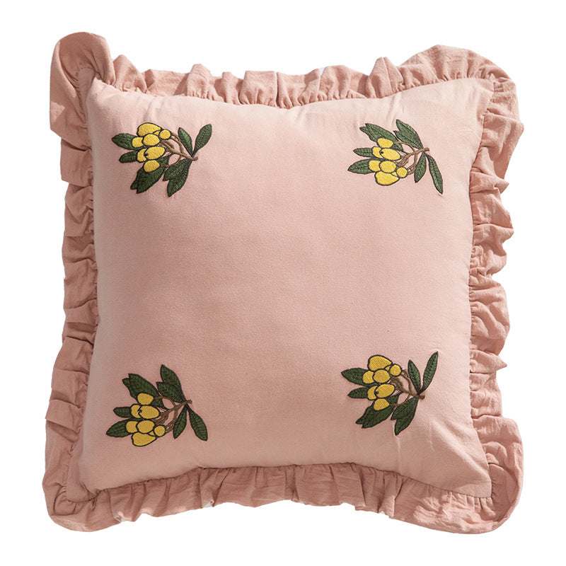 Square decorative cushion with frill edge and embroidered berry ornament made of cotton-linen Stornfield