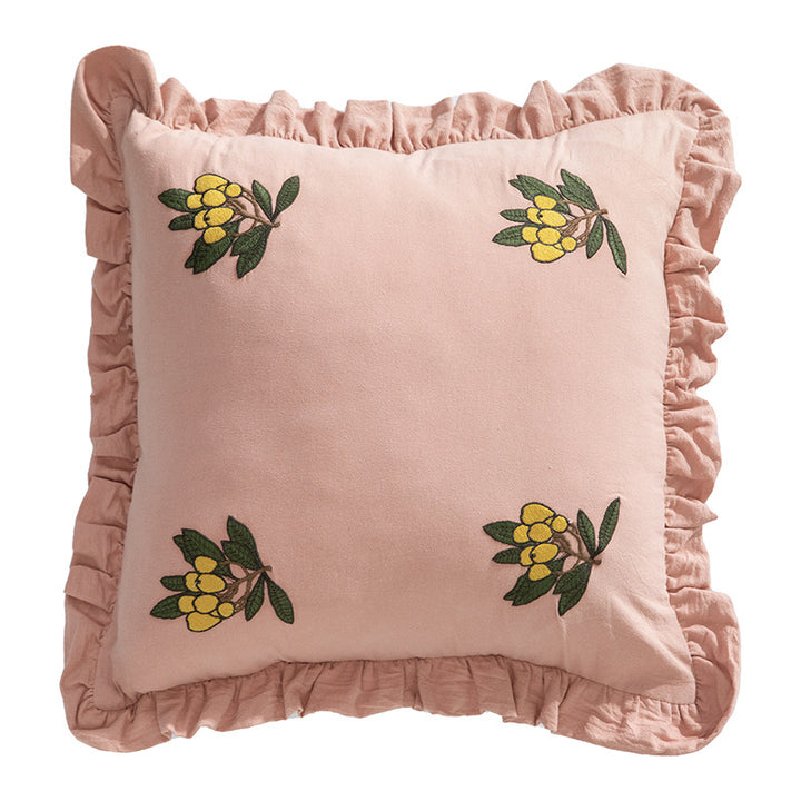 Square decorative cushion with frill edge and embroidered berry ornament made of cotton-linen Stornfield
