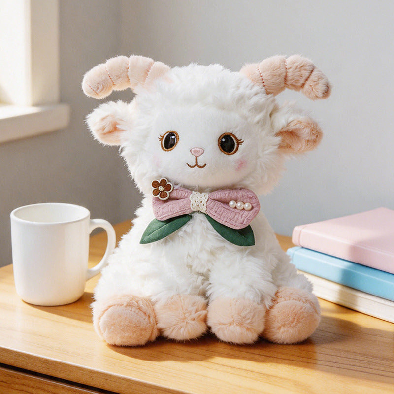 Curled-Horn Ram Plush Collectible with Embroidered Face, Bow Collar & Soft Faux Fur Stornfield