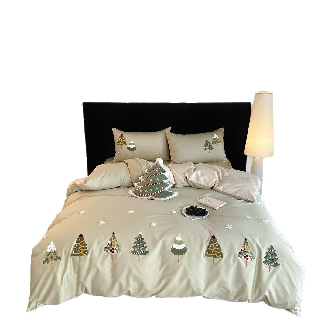 Reversible Embroidered Holiday Duvet Cover Set with Cotton-Sateen Finish