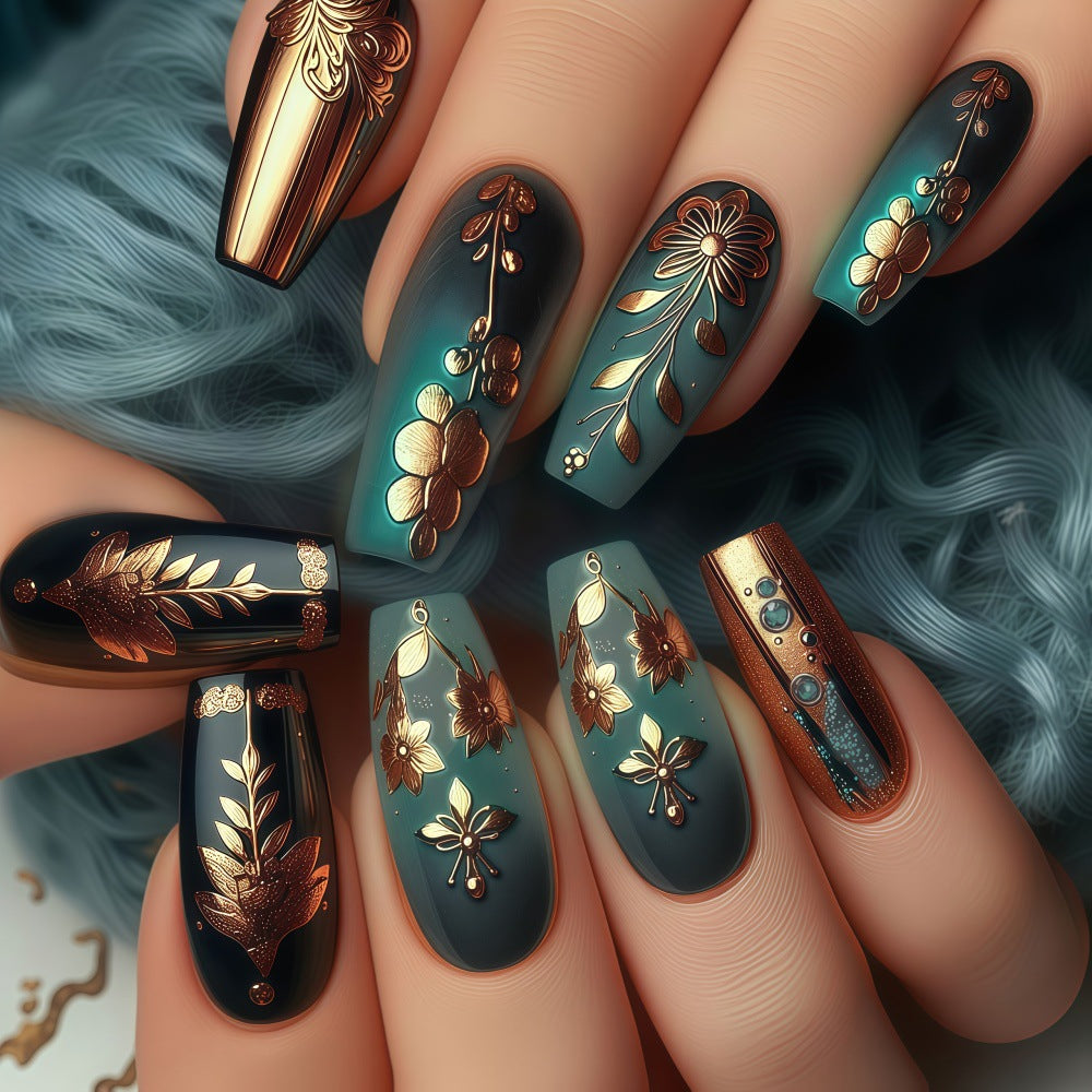 Artificial nails with floral gold embellishments Stornfield