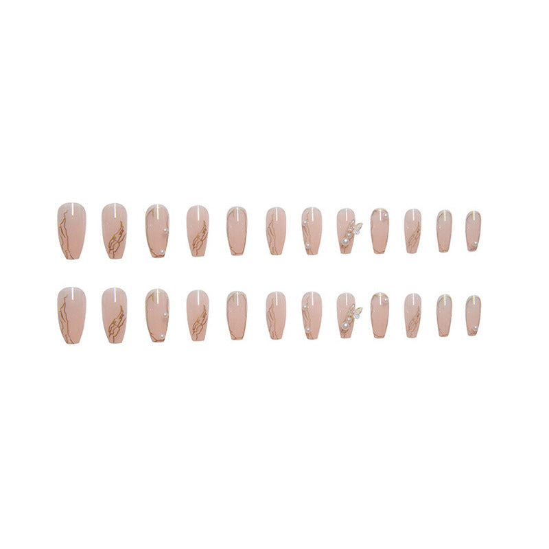 Artistic Press-On Nail Set Featuring Pearl and Gem Embellishments