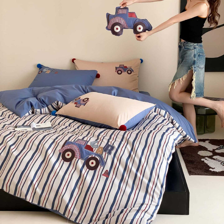 Striped Cotton Duvet Cover Set with Embroidered Car Appliqué & Pom-Pom Pillow Shams