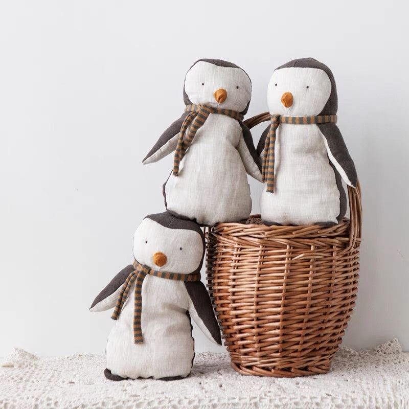 Handcrafted Organic Cotton Penguin Plush Toy with Striped Knit Scarf and Embroidered Face