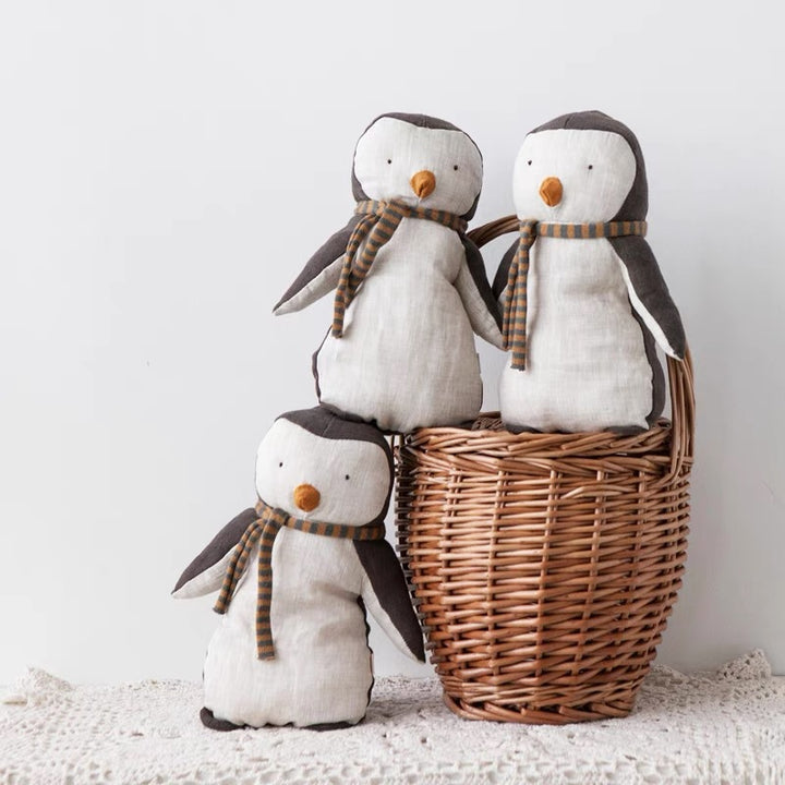 Handcrafted Organic Cotton Penguin Plush Toy with Striped Knit Scarf and Embroidered Face