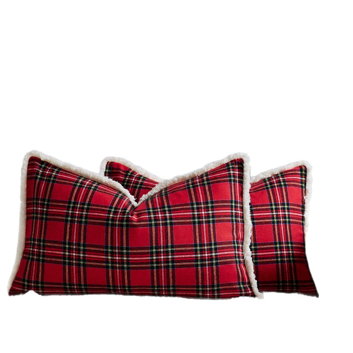 Plaid Sherpa-Trim Square Decorative Throw Pillow Cover