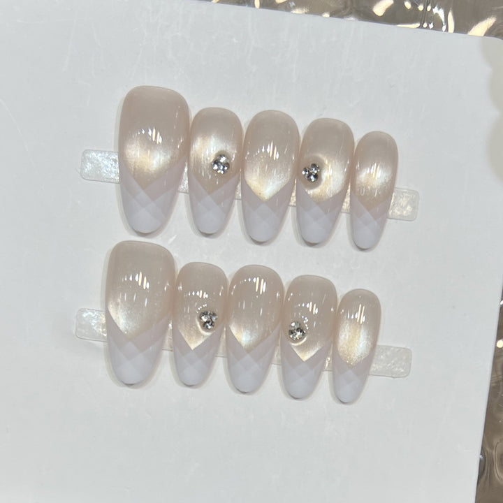 Elegant Geometric Press-On Nail Set with Rhinestone Detail Stornfield