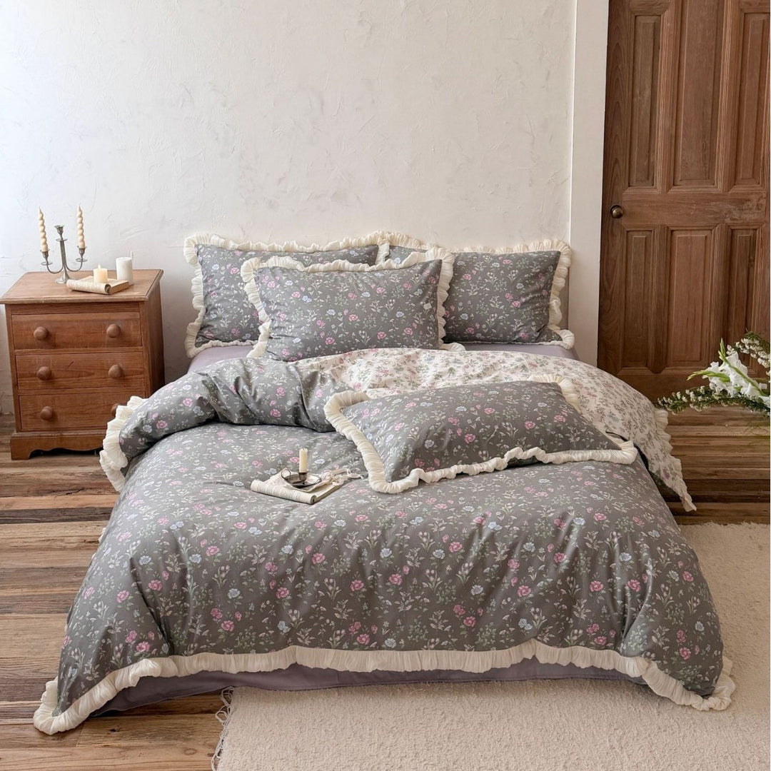 Ruffled Floral Cotton Duvet Cover Set with Frilled Edges