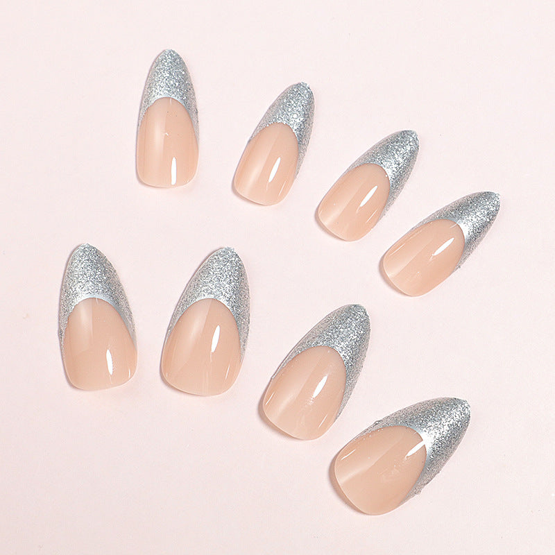 Elegant Glossy Almond-Shaped Press-On Nails with Silver Glitter Tips Stornfield