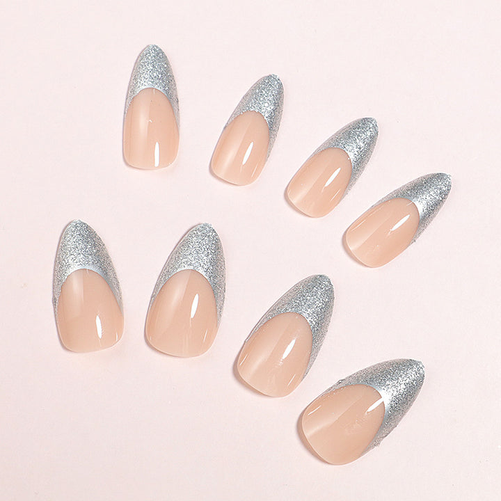 Elegant Glossy Almond-Shaped Press-On Nails with Silver Glitter Tips Stornfield