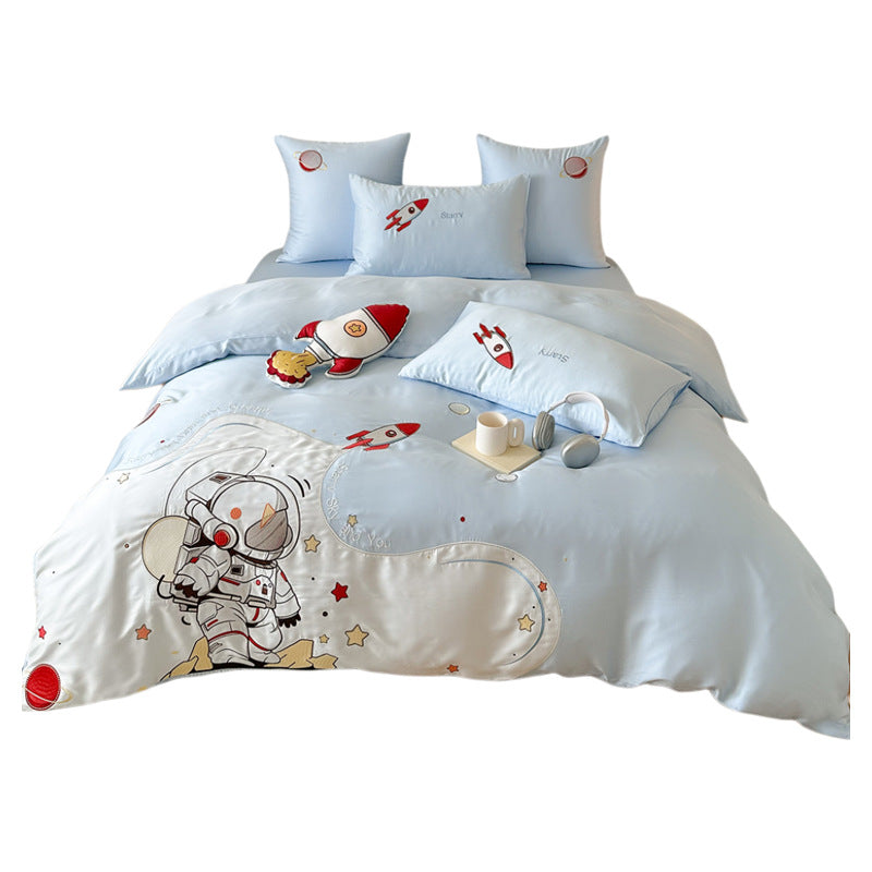 Children's bedding set made of cotton satin with rocket and Ultraman appliqués