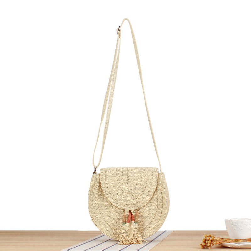 Round Bast Crossbody Bag with Tassels by Stornfield