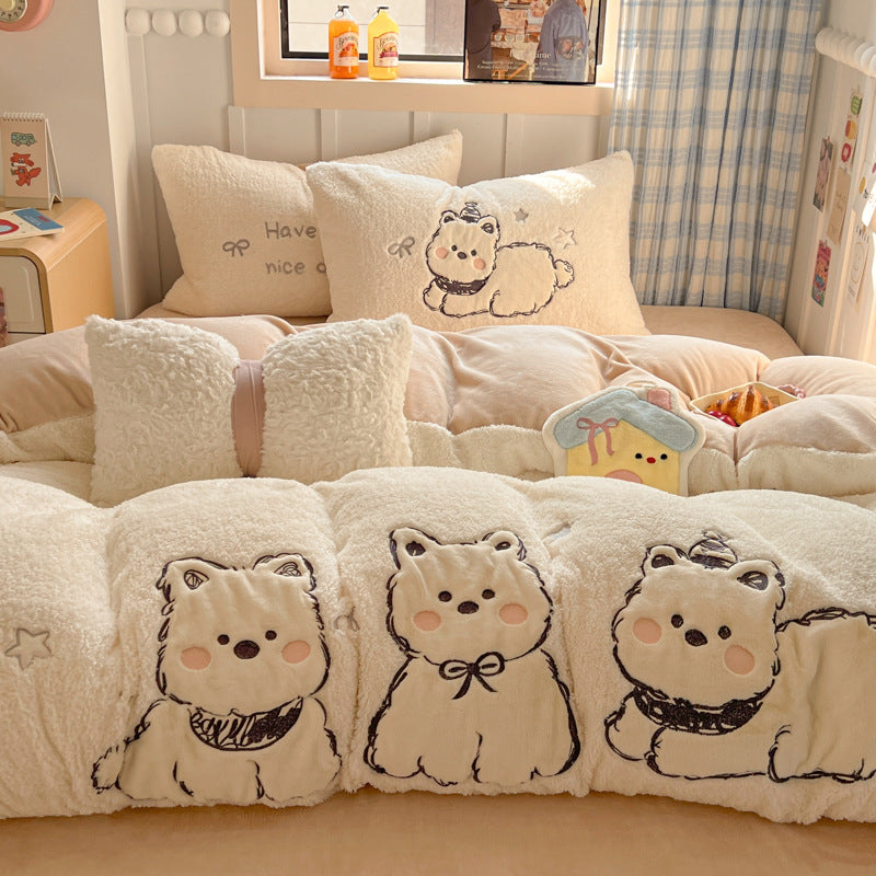 Plush Sherpa Reversible Comforter and Pillowcase Set with Kawaii Embroidered Motif