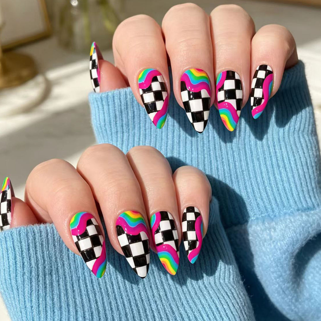 Creative artificial nails with colorful wave and checkerboard design Stornfield