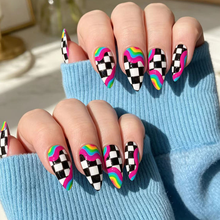 Creative artificial nails with colorful wave and checkerboard design Stornfield