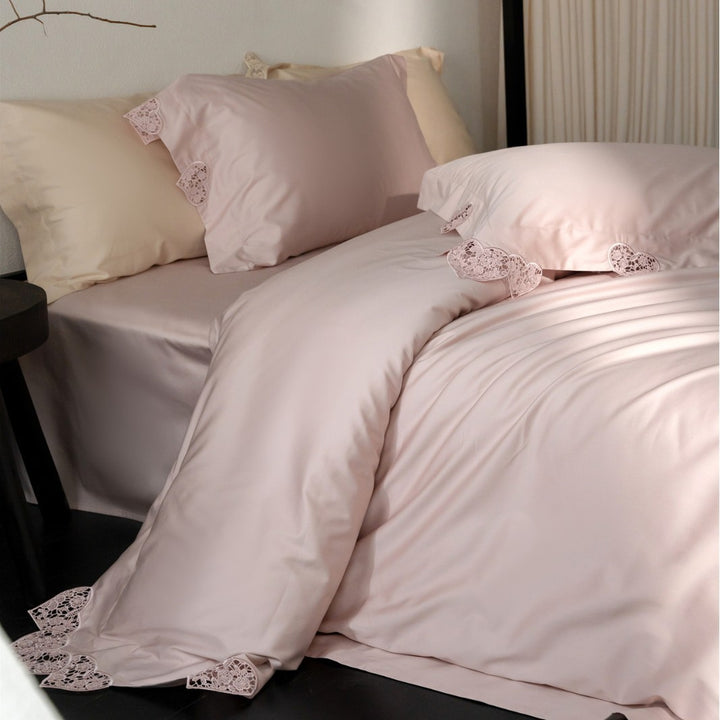 Luxury Satin Duvet Cover Set with Heart Cutwork Lace Trim