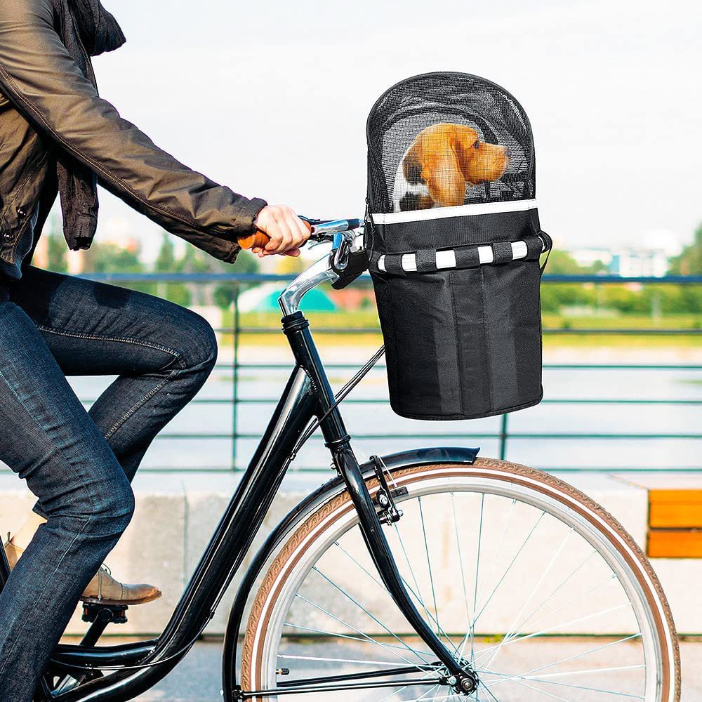 front-mount bicycle pet carrier basket with mesh canopy, reflective trim and adjustable straps Stornfield