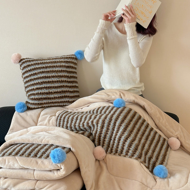 Plush Striped Faux-Fur Throw Blanket with Pom-Pom Trim and Matching Decorative Cushion Set