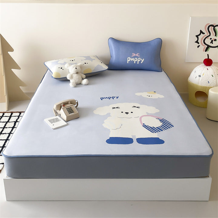 Children's mattress topper and fitted sheet set with non-slip corner fasteners and cute dog design