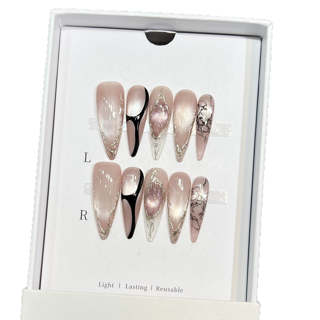 Artistic Stiletto Press-On Nail Set with Unique Marble Design Stornfield