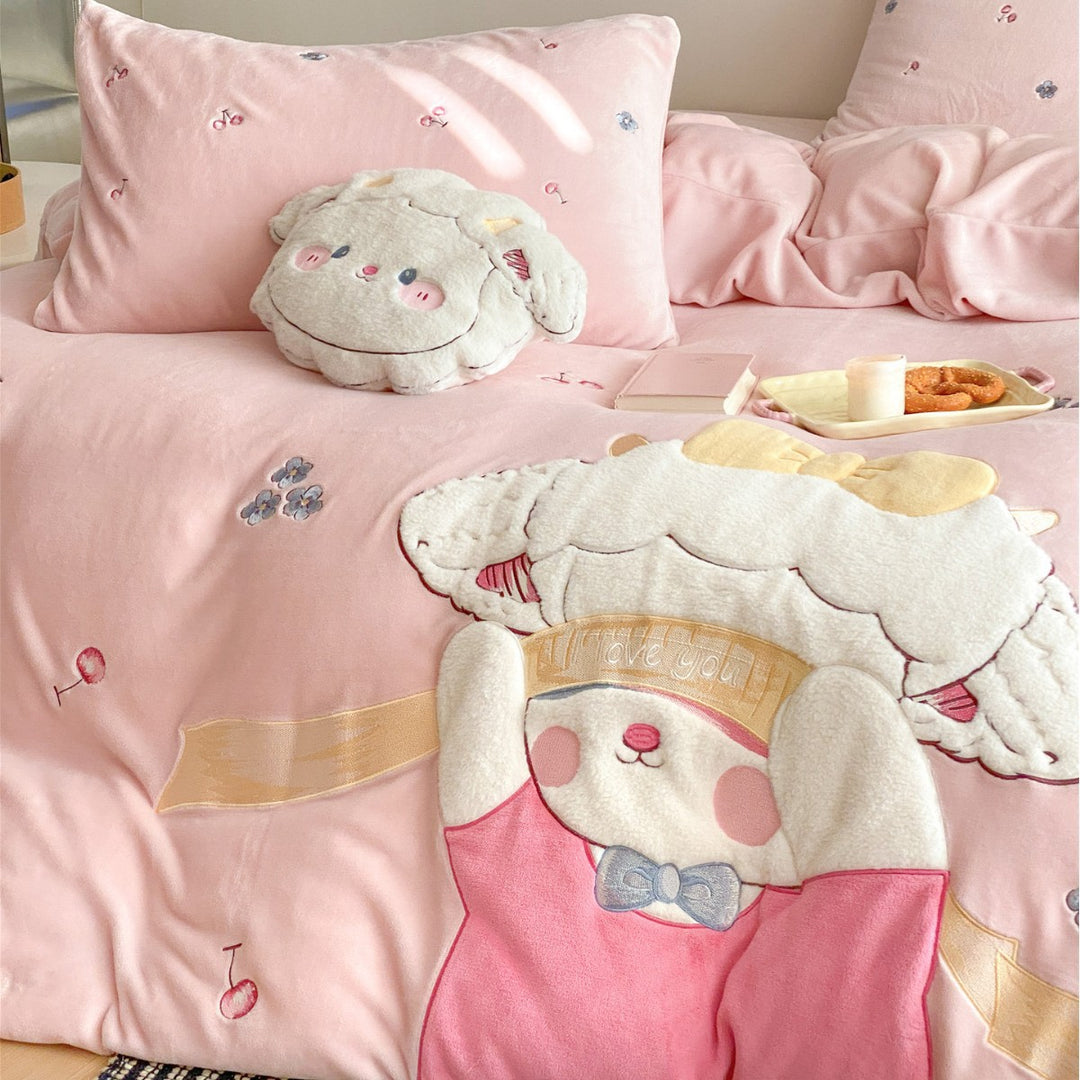 Plush Appliqué Cartoon Bunny Quilted Duvet Cover Set