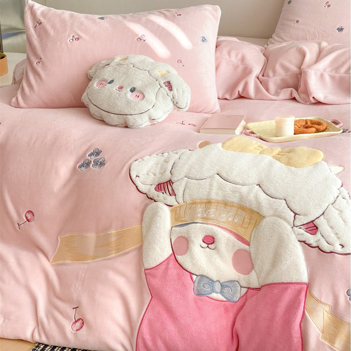 Plush Appliqué Cartoon Bunny Quilted Duvet Cover Set