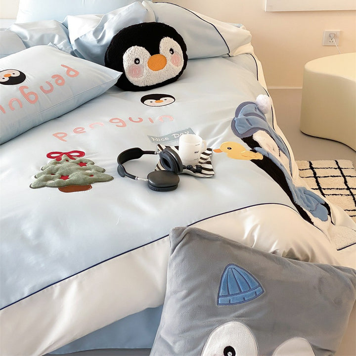 Children's Penguin Appliqué Duvet Cover Set with Plush Accent Pillow
