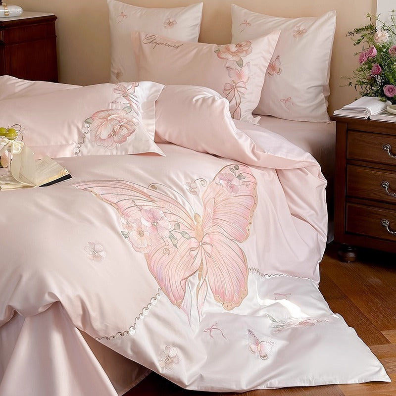 Embroidered Silk-Feel Butterfly Floral Duvet Cover Set