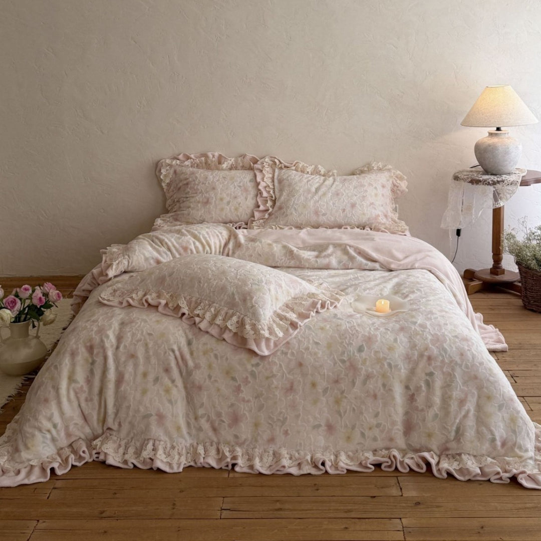 Floral Ruffled Lace-Trim Cotton Duvet Cover Set