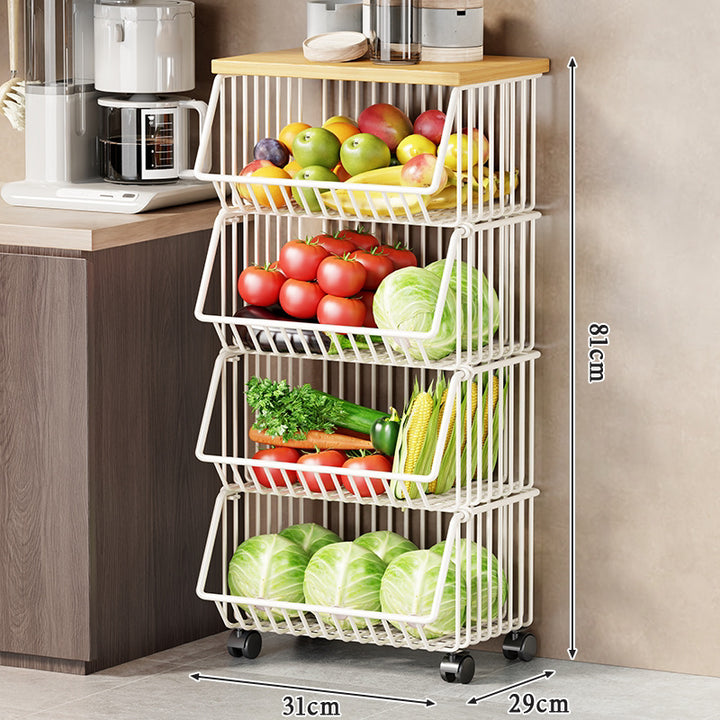 Vertical Five-Tier Rolling Kitchen Produce Storage Cart with Wooden Top and Pull-Out Wire Baskets