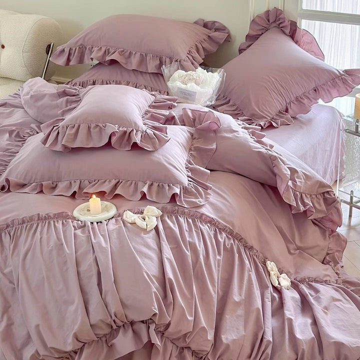 Ruffled Cotton Sateen Romantic Duvet Cover Ensemble with Gathered Skirt & Bow Accents