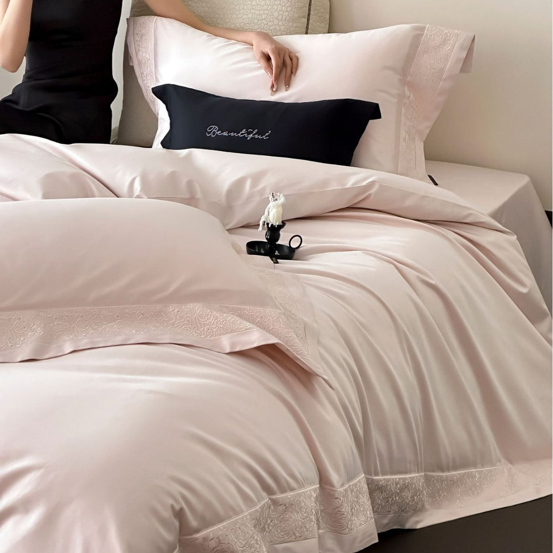 Luxury Satin-Feel Reversible Duvet Cover Set with Embroidered Hem and Pillow Shams